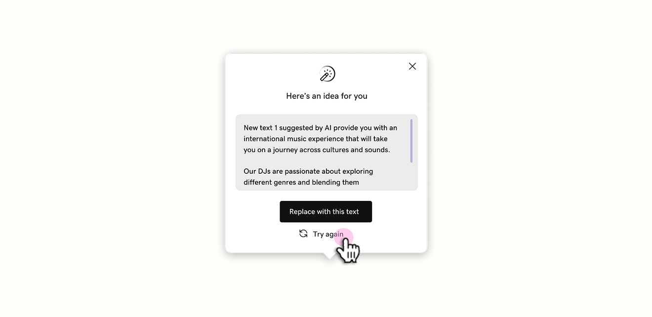 An Airo 'Here's an idea for you' popover showing an AI-suggested rewrite, with 'Replace with this text' and a 'Try again' retry control beneath it.