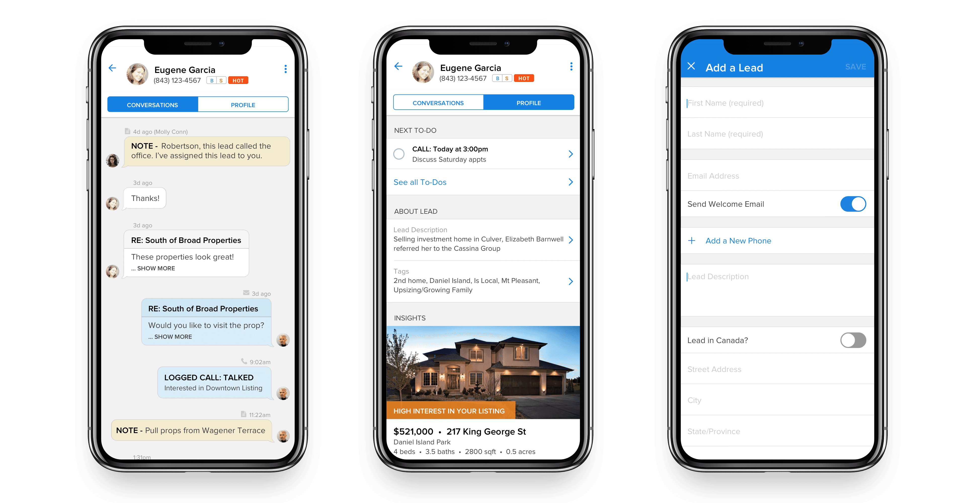 Three NOW app screens: a conversation thread with a lead, a lead profile with to-dos and property insights, and the add-a-lead form.