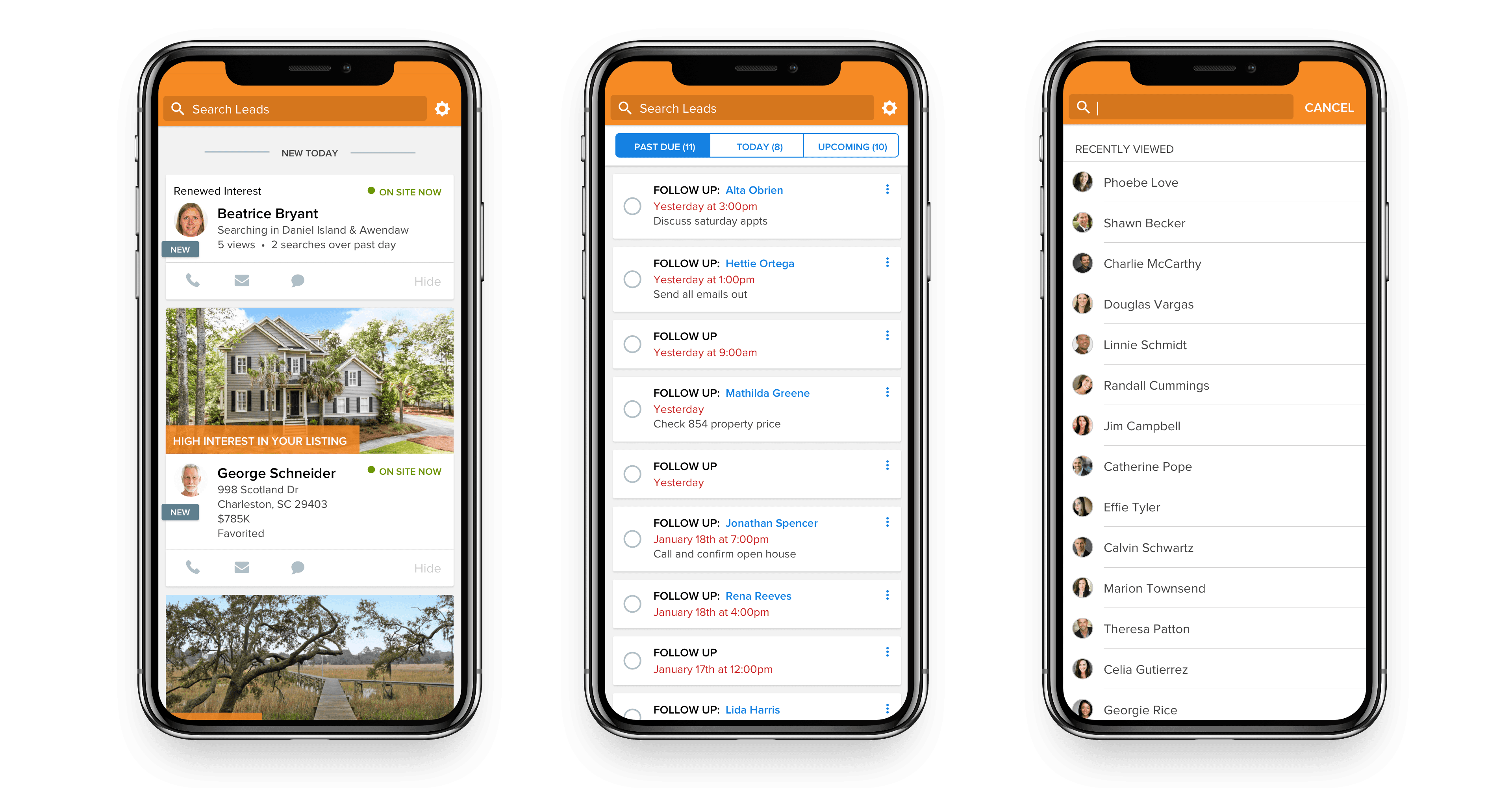 Three NOW app screens: the new-today lead feed with property interest cards, the follow-ups list, and recently viewed contacts.